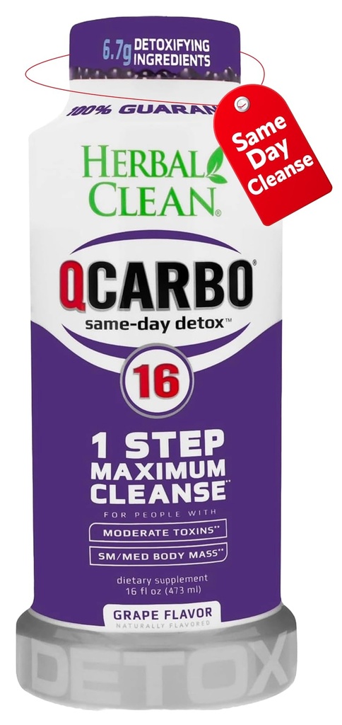 Herbal Clean Qcarbo16 Same-Day Detox Cleanse Drink (16 fl oz) - Grape Flavor Full Body Cleanse* Detox Drink für Moderate Toxin Level*, Vitamin B2 und Vitamin B12 für Männer und Frauen