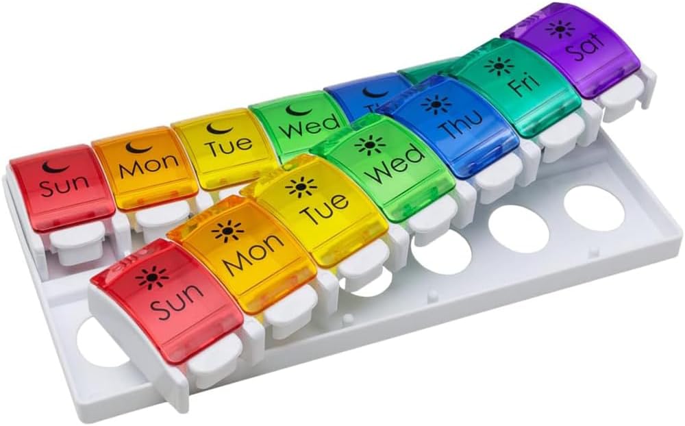 EZY DOSE Weekly (7-Day) Pille Fall, Medizin Planner, Vitamin Organizer, 2 mal pro Tag AM/PM, Removeabale Trays, große Push-Taste Komponenten, einfach zu bedienen, Arthritis freundlich, Rainbow Lids, BPA kostenlos