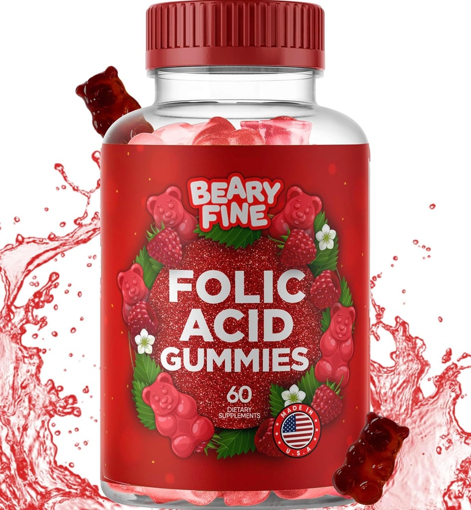Gommies d'acide folique 400mcg - Gommy prénatal et grossesse essentiels pour les femmes, les mères et les bébés à être - 60 vitamines de gommy fondues aromatisées aux framboises - Fabriqué aux États-Unis