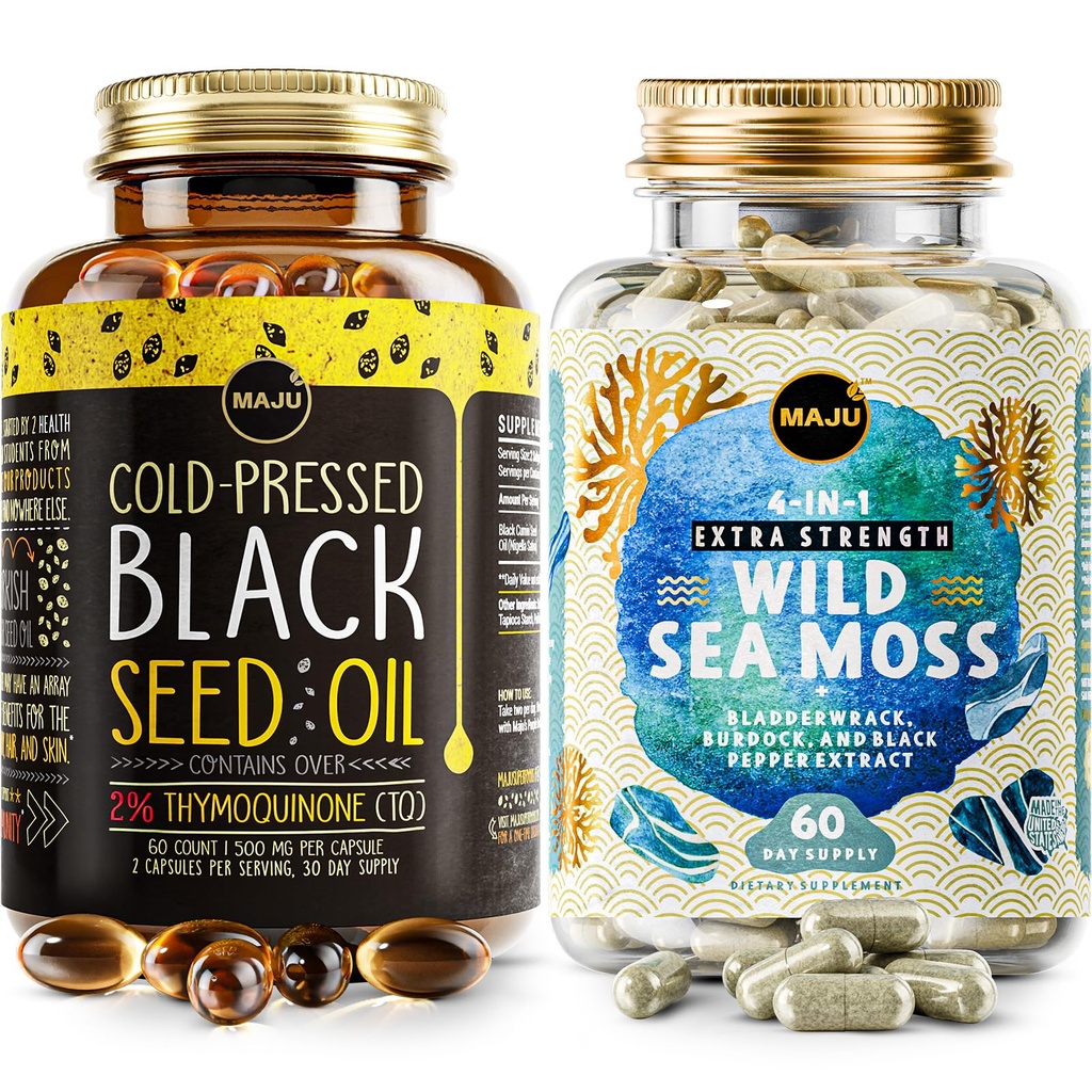 Maju Superfoods 4-in-1 Sea Moss Capsules und Black Seed Oil Capsules Bundle