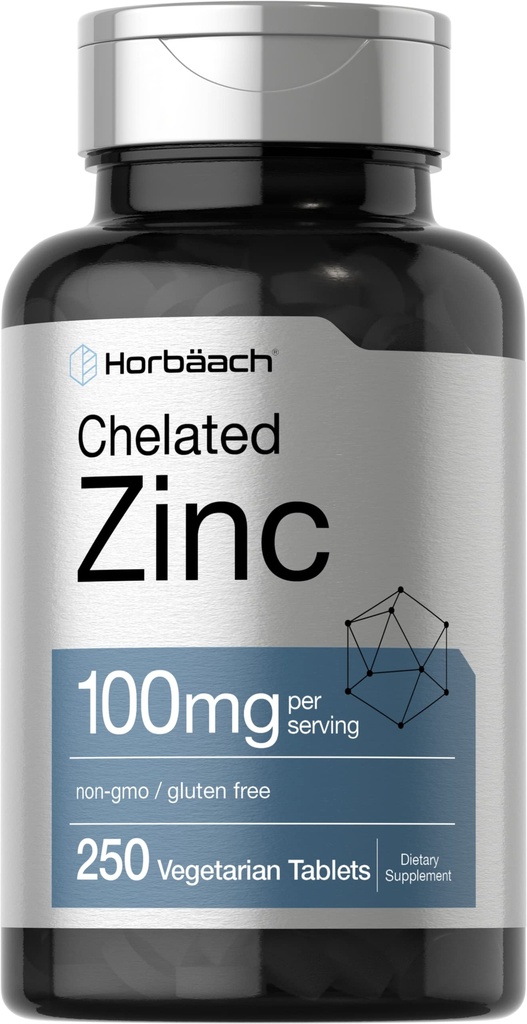 Horbäach Chelat Zinkergänzung 100mg | 250 Tabletten | Hohe Potenz und Überlegene Absorption | Vegetarisch, Non-GMO, Glutenfrei
