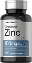Horbäach Chelat Zinkergänzung 100mg | 250 Tabletten | Hohe Potenz und Überlegene Absorption | Vegetarisch, Non-GMO, Glutenfrei