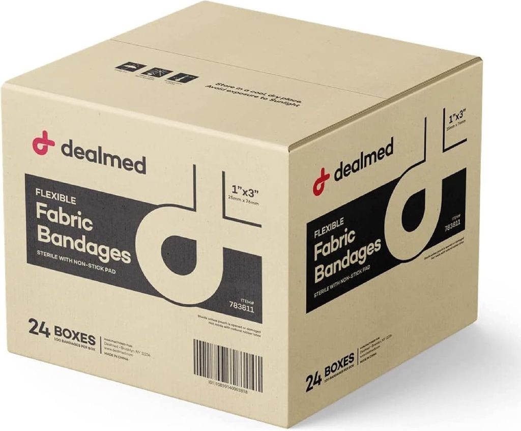 Dealmed sterile flexible Stoffklebebänder – 1x3 Zoll – 100/Box - 24 Boxen - Atmungsaktives First Aid Strip Pack - Soft Stretch Wound Patch für medizinische, Notfallkits & Clinic