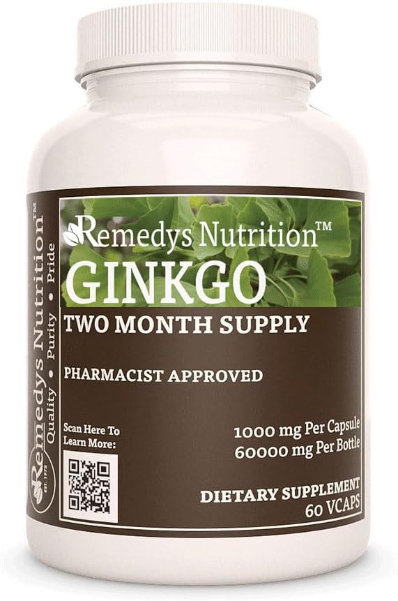 Remedys Ernährung Ginkgo Biloba | 1.000 mg, 60 Vegan Kapseln pflanzliche Nahrungsergänzung | Zwei Monate Versorgung