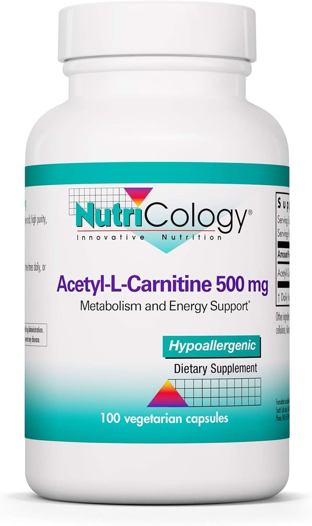 Nutricology Acetyl-L-Carnitin 500mg Supplement - Metabolismus und Energieunterstützung, ALC, freie Form Aminosäure, vegetarische Kapseln - 100 Count