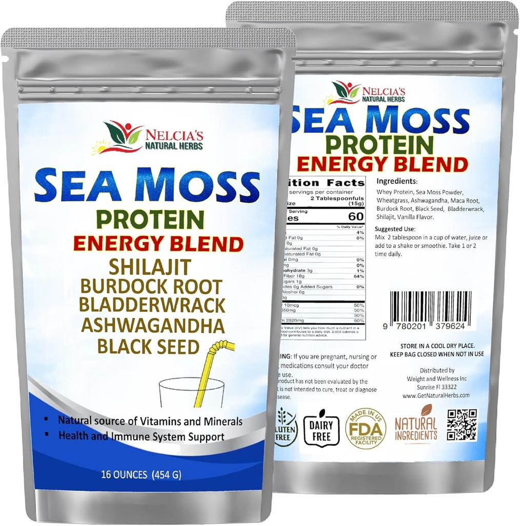 NELCIA's NATURAL HERBS Sea Moss Ashwagandha Powder -Natural Irish Sea Moss, Bladderwrack und Burdock Root, Black Seed and Shilajit Powder (16oz)