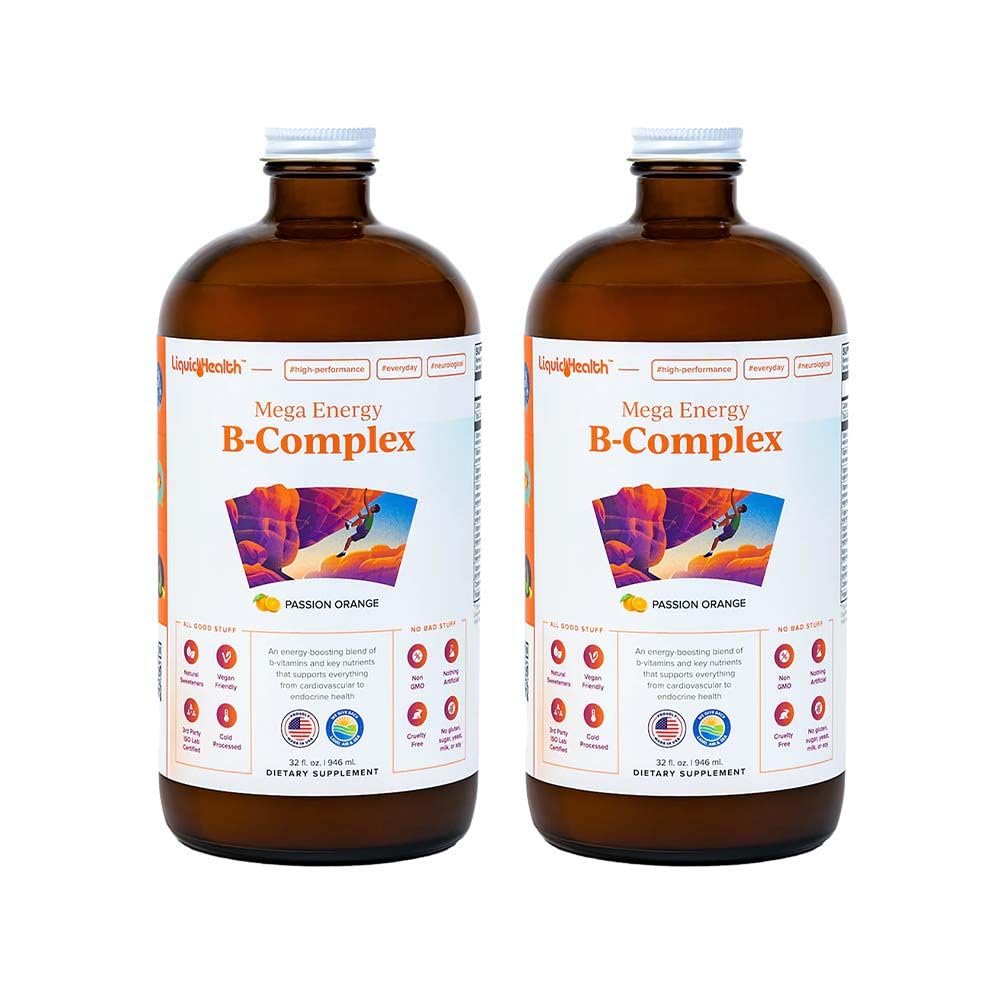 LIQUIDHEALTH Mega énergie Méthylated B-Complex, supplément de vitamine liquide pour adultes - Augmenter l'énergie, soulager le stress et la fatigue, le soutien immunitaire, le coeur et la santé Gut - Fabriqué aux États-Unis, végétalien, sans sucre (2 pack)