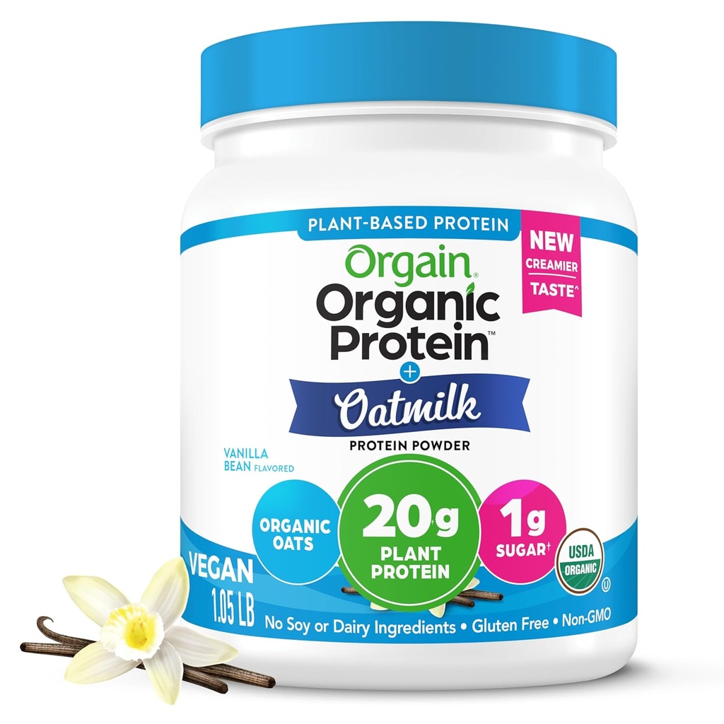 Orgain Organic Vegan Protein Pulver + Hafermilch, Vanille Bohne - 20g Pflanzenbasiertes Protein, Glutenfrei, Keine Milch, Soja oder Lactose Zutaten, Niedriger Zucker, Non-GMO, Kosher, Für Shakes & Smoothies - 1.05lb