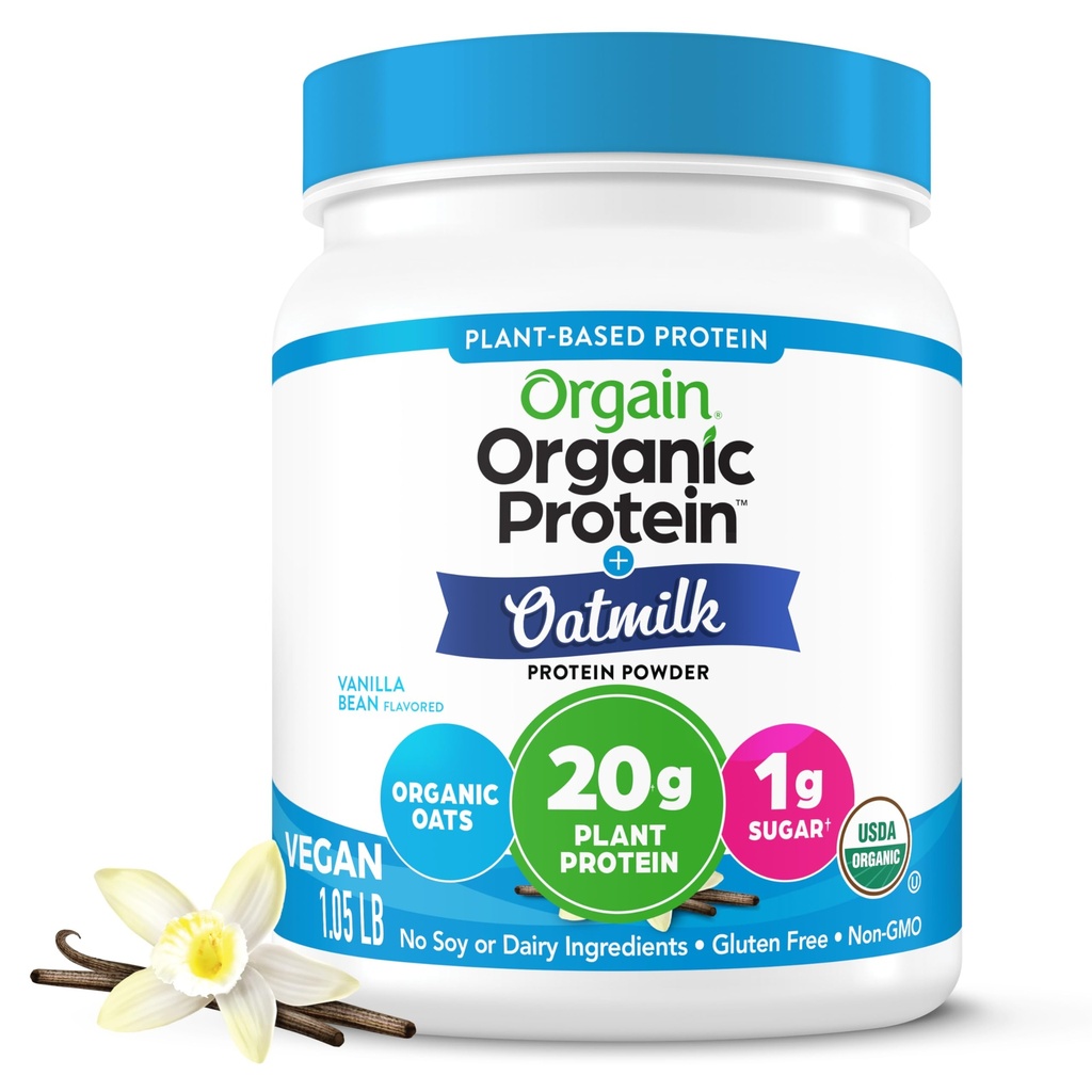 Poudre de protéines végétales organiques d'orgaine + lait d'avoine, haricots de vanille - 20g Protéines végétales, sans gluten, sans ingrédients laitiers, soja ou lactose, faible teneur en sucre, non-OGM, casher, pour Shakes & Smoothies - 1,05lb