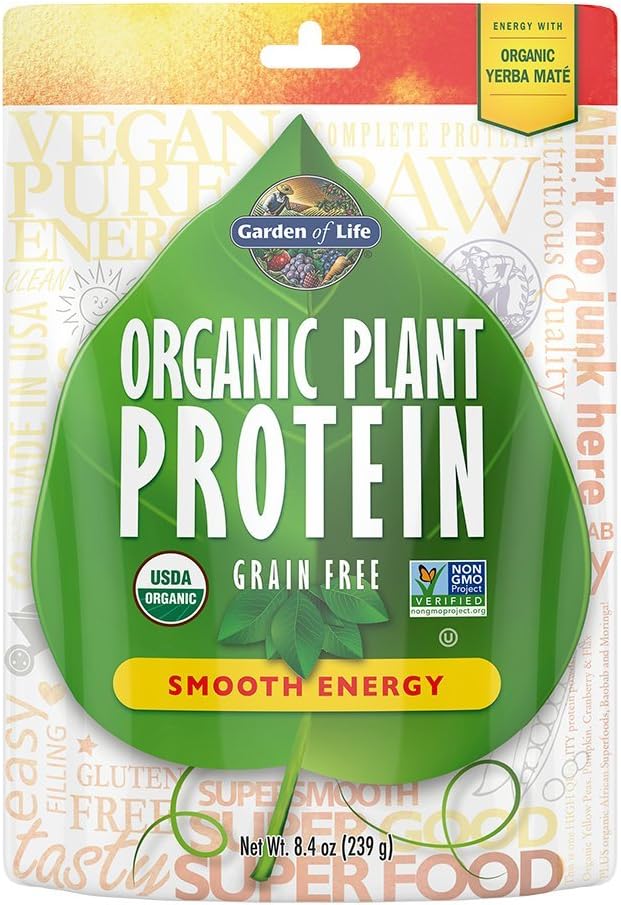 Garten des Lebens Organische Pflanzenprotein Glatte Energie Pulver, 10 Servierungen - Vegan, Getreidefrei & Gluten freie Pflanzenbasis Protein Shake mit Yerba Mate, Vitamin B12, Probiotics & Enzymes, 15g Protein