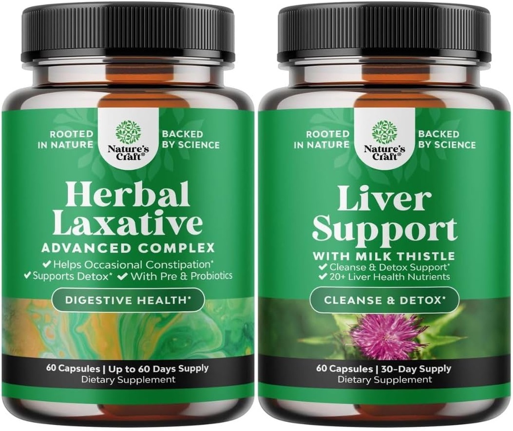 Bundle pflanzlicher Laxative Kapseln mit Probiotika und Milchdistel Leberunterstützungsergänzung - Natürliches Colon Detox Verdauungsunterstützungssystem - Kräuter Leberergänzung mit Silymarin Milch