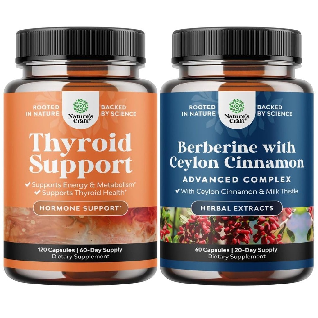 Ensemble de complexe de soutien à base de plantes thyroïdiennes - Potent Kelp Iodine Supplément pour l'équilibre hormonal et l'équilibre Berberine Plus 1200mg Par complexe de service - Berberine antioxydante avec Ceylan Cannelle