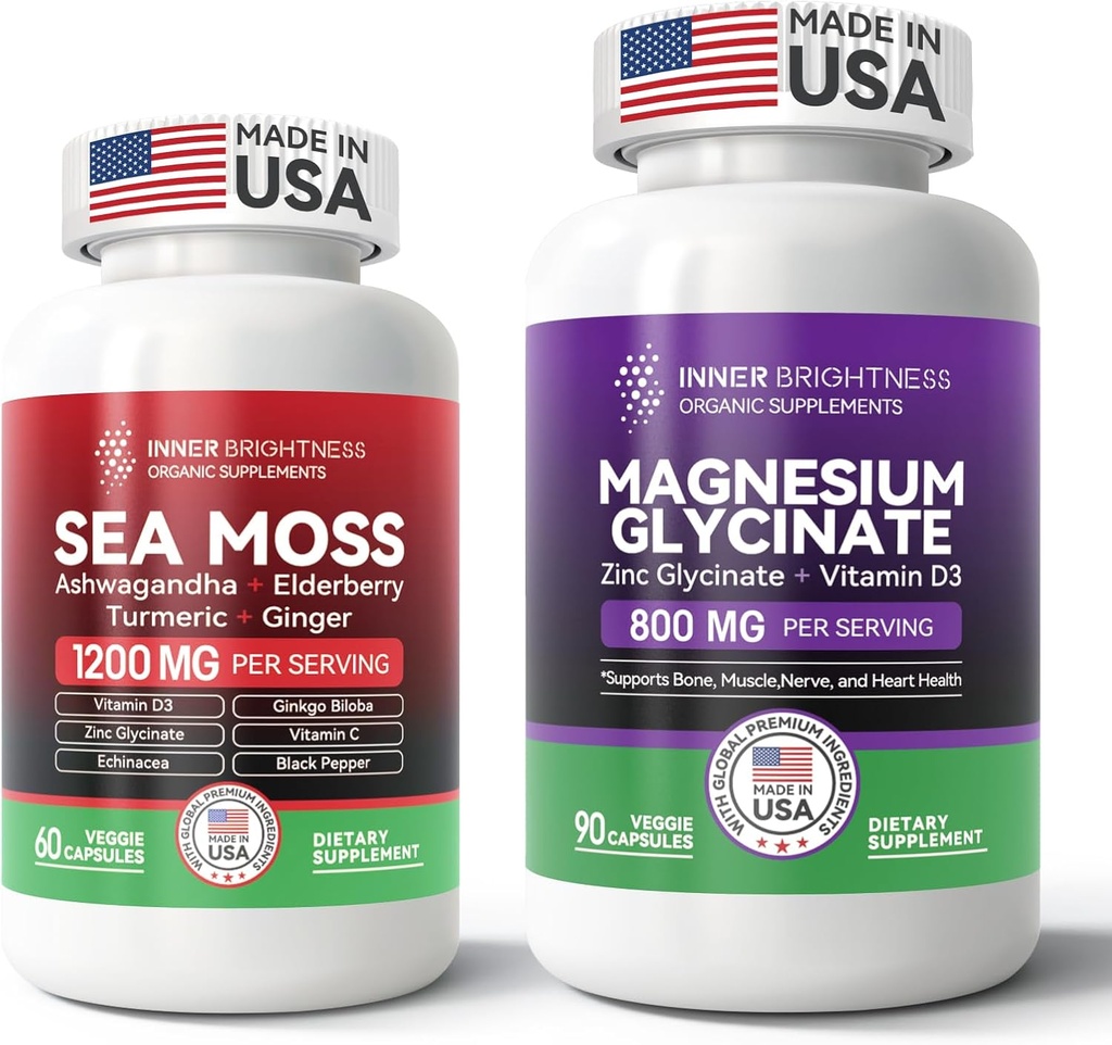 Ultimate Wellness Bundle: All-in-1 Sea Moss Advanced + Magnesium Glycinate for Energy, Immune, Sleep & Heart Health - 60ct Sea Moss Pills + 90 Vegetarische Kapseln