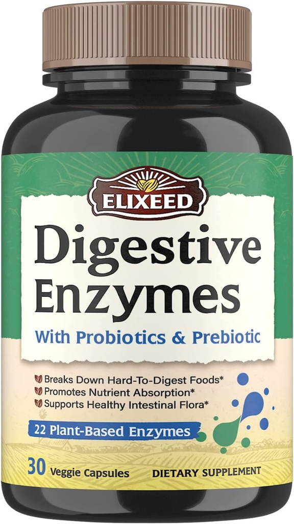 Verdauungsenzyme Plus Probiotics & Prebiotics, 22 Verdauungsenzyme mit Amylase, Protease, Lactase & More, maximale Stärke, für gesunde Verdauung, Vegan, Non-GMO, 30 Caps