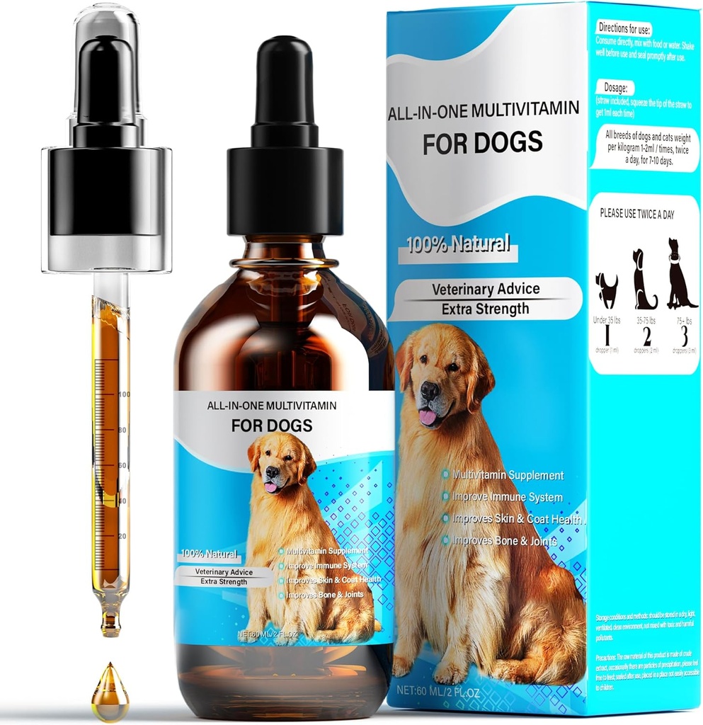 Hund Vitamine Flüssigkeit, 13-In-1 Hund Multivitamin extra Stärke zu verbessern Hund Verdauungs- & Immun, Haut & Mantel, Knochen & Gelenk Gesundheit, 60 Ml Natur Hund Vitamine und Ergänzungen für alle Alters Rasse Größe Hund