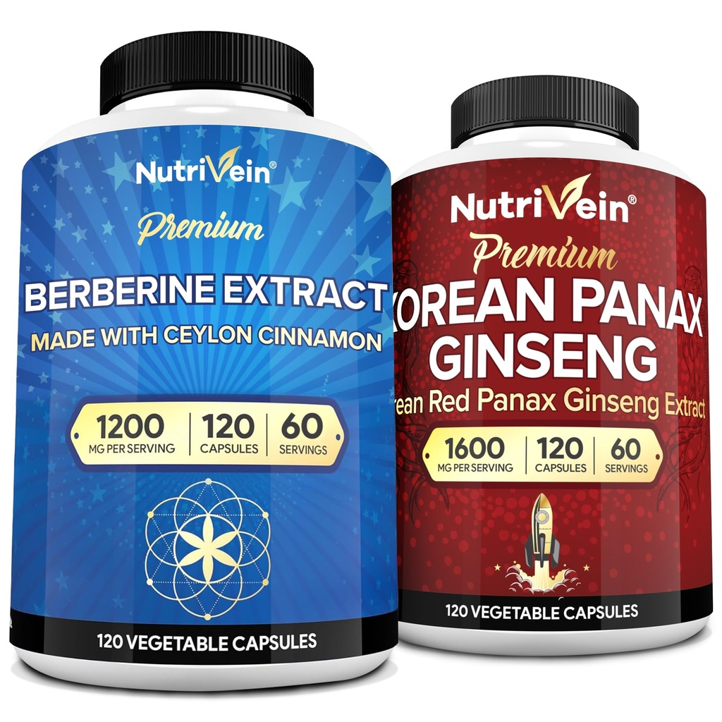 Nutrivein Premium Panax Ginseng Coréen Suppléments & Berberine Suppléments Bundle: Complexe Berberine à haute absorption et Ginseng rouge véritable pour la clarté quotidienne, la vitalité et le bien-être