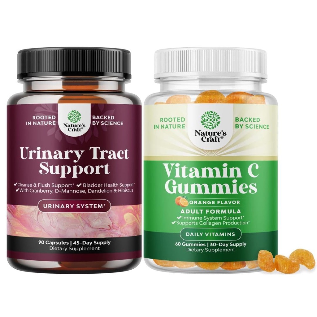 Bundle von D Mannose Kapseln für Urinary Tract Gesundheit für Frauen Fast Acting Super Concentrated Cranberry 90ct und Chewable Vitamin C Gummis für Erwachsene - Halal Vitamin C Immune Support Gummis