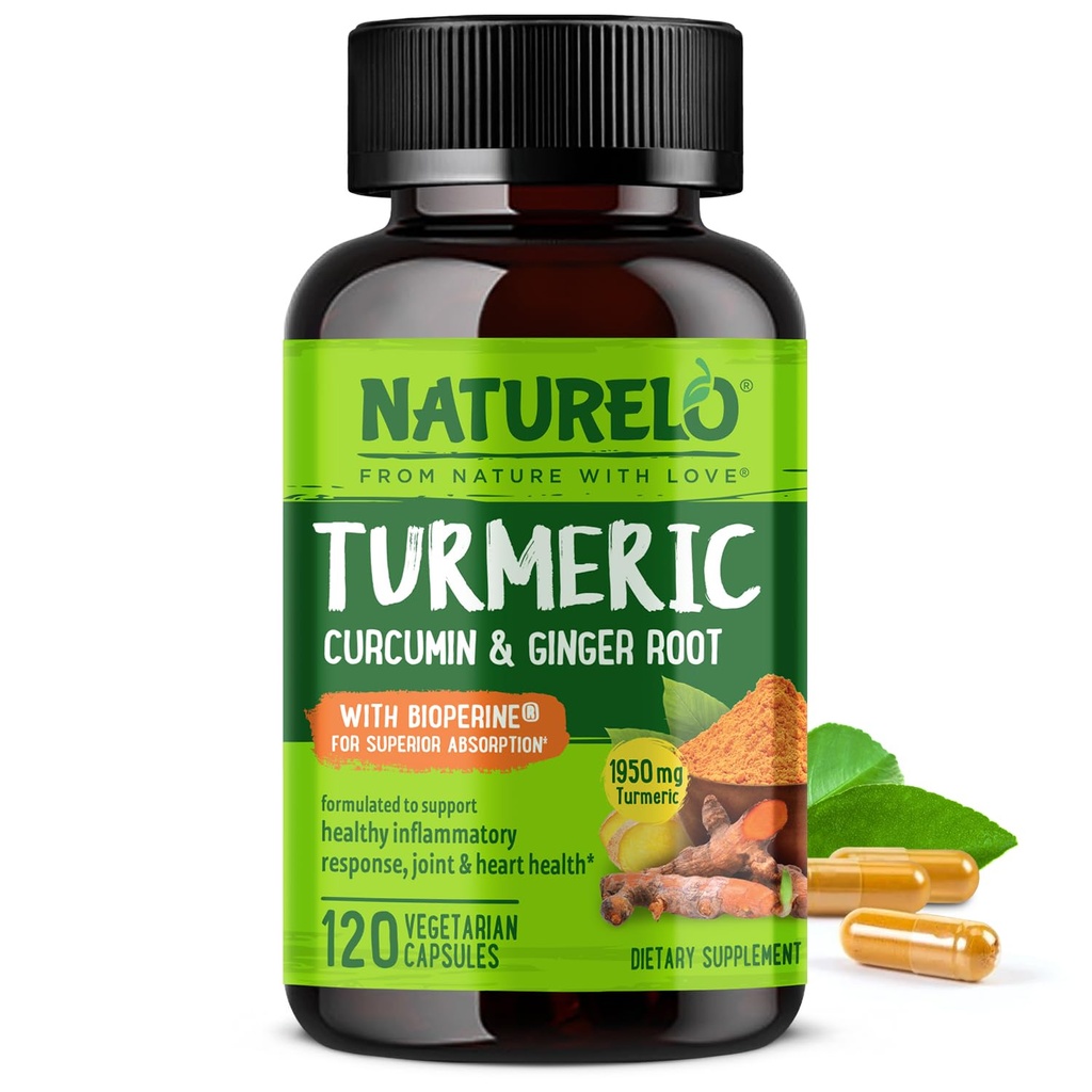NATURELO Turmeric Curcumin - BioPerine für bessere Absorption - Schwarzer Pfeffer, Ingwerwurzel, Curcuminoide - Plant-Based Joint Discomfort Support - 120 Vegan Kapseln