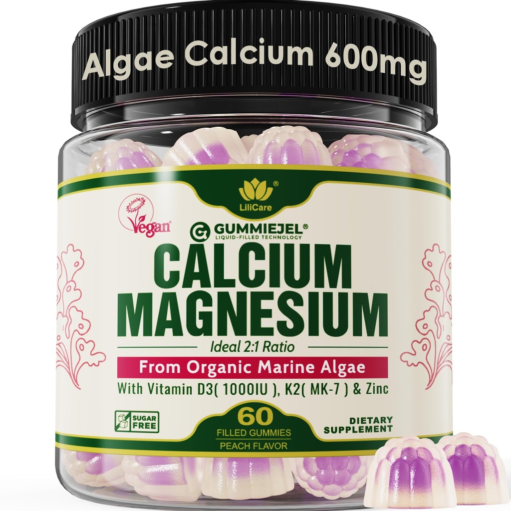 Pflanzenbasierte Kalzium-Gummien 600mg mit Vitamin D3 K2, Magnesium, Zink für Knochenstärke, Zucker freie Kalzium-Ergänzungen für Frauen und Männer (Certified Vegan) aus Sustainable Organic Red Algae - 60 Zähler