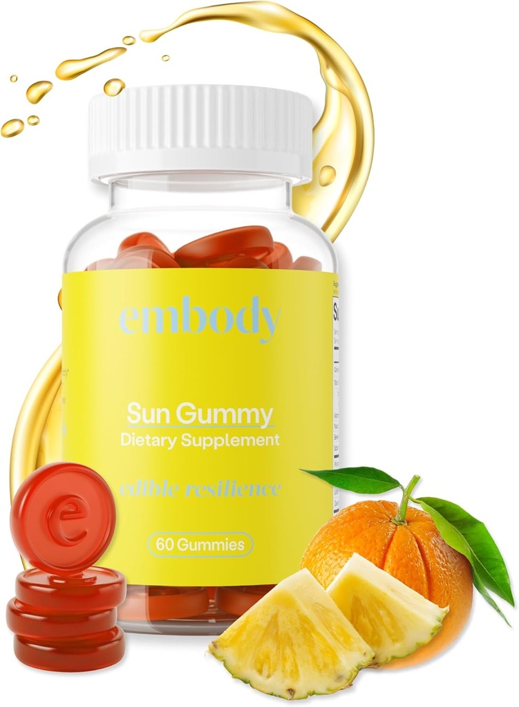 Embody Antioxydant Gummy soleil, Arôme d'ananas orange, Supplément extrait de fern pour anti-âge, taches foncées, peau saine - favorise la production de collagène, vitamine C, sélénium (60 comte, ananas orange)