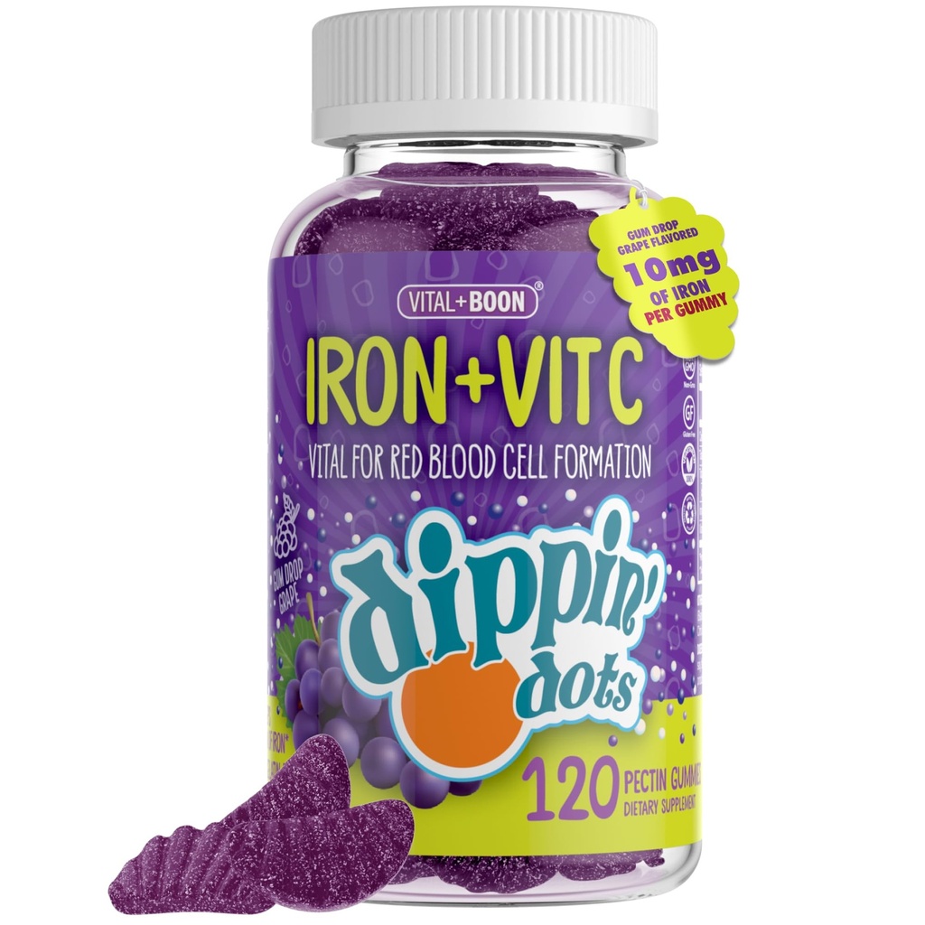 Eisen mit Vitamin C & B12 Gummie (120 Count) Vital für Rote Blutzellbildung | Gum Drop Grape Real Pectin Fruit Chew Supplements | Vegan, Non-GMO, Gluten Free & Gelatin Free