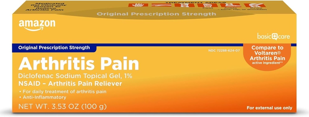 Basic Care Arthritis Pain Relieving Gel, Diclofenac Sodium Topical Gel, 1 Percent, Non-Steroidal Anti-Inflammatory Drug, 100 Grams, 3.53 Unze (Pack of 1) (Verpackung kann variieren)