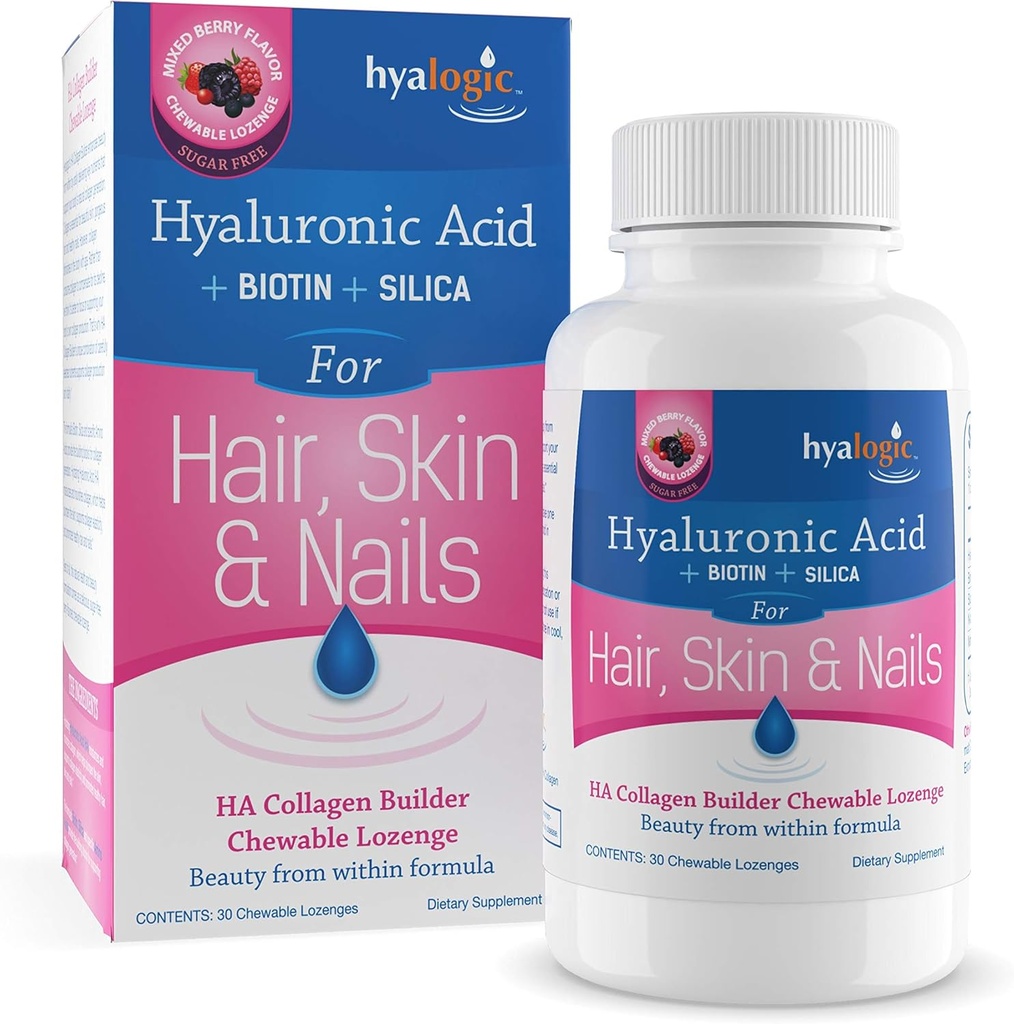 Hyalogic Hair Skin & Nails Hyaluronsäure Collagen Builder – Delicious Berry Flavored Collagen Boost Chewable Lozenges – Sugar Free Vegan Collagen Ideal, um Ihre natürliche Schönheit zu verbessern – 30 Count