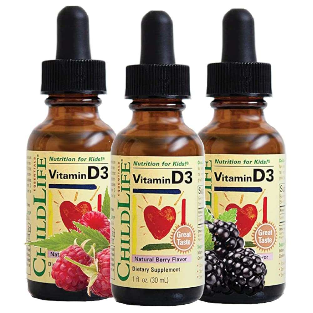 CHILDLIFE ESSENTIALS Vitamin D3 Tropfen - Vitamin D Tropfen für Infants, Baby Vitamin D Tropfen, Flüssiges Vitamin D für Kinder, Kleinkinder 1-3, Kinder, 500 IU pro Servieren - Natürliche Berry, 1 Fl Oz (Pack von 3)