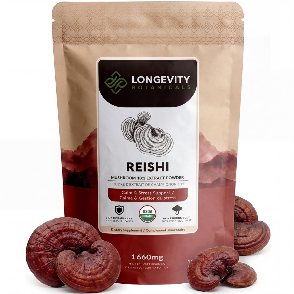 Longévité Botaniques Bio Reishi Mushroom Extract Powder 100g=1 Concentré 10:1 Ratio=100% Corps Fruits=100% Lingzhi (Ganoderma lucidum) Supplément naturel pour Immune, Stress & Sleep Support