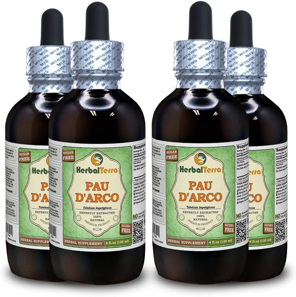 PAU d'arco (Tabebuia Impetiginosa) Glycerit, Getrockneter Bark Alkoholfreier Flüssigextrakt (Markenname: HerbalTerra, Proudly Made in USA) 4x4 fl.oz (4x120 ml)