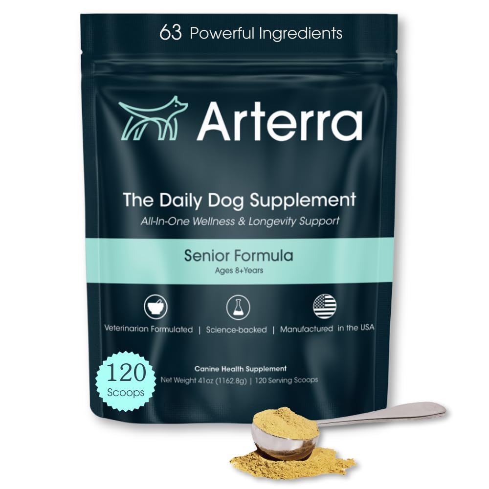 Senior Dog Powder Supplement & Food Topper – 63 Zutaten für Gelenk-, Gut-, Immun- und Gehirngesundheit – Daily Longevity Multivitamin mit Glucosamin, Probiotika und Fischöl | 120 Scoops