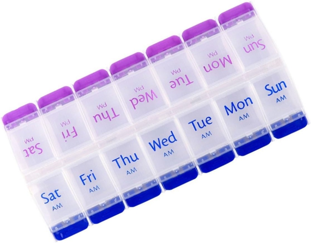 Pill Organizer 7 Day, Pill Box 2 Times a Day AM PM Pill Case, Weekly Pill Container Portable Travel Medicine Box for Vitamins and Supplements (Blue-Purple)