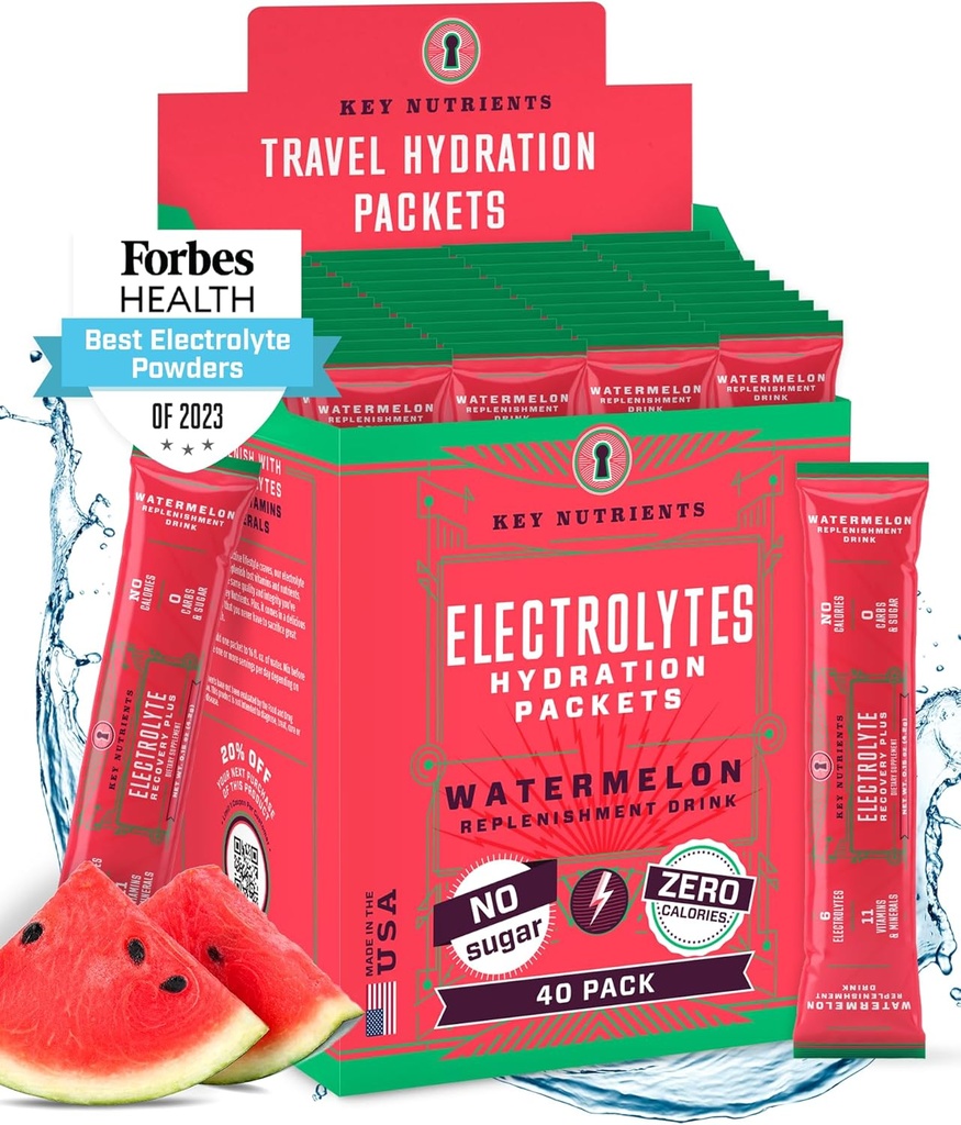 KEY NUTRIENTS Elektrolyte Pulver-Packets - Refreshing Watermelon 40 Pack Hydration Packets - Travel Hydration Powder - Kein Zucker, keine Kalorien, Glutenfrei - Made in USA