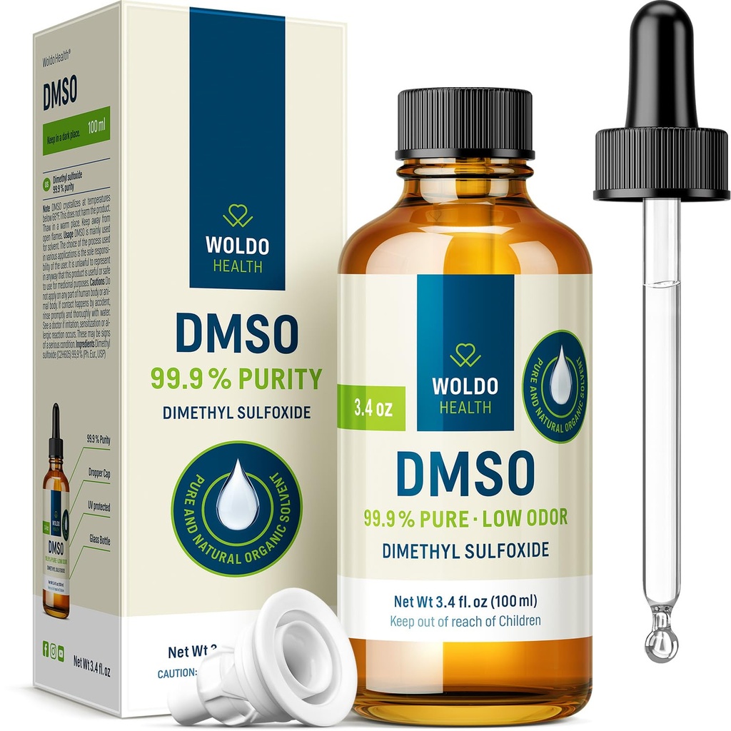 WoldoHealth DMSO 99.9% Pharmazeutischer Grad - FT-IR Verified Dimethylsulfoxid, Low Odor Solvent in Glasflasche mit Precision Dropper (3.38 oz)