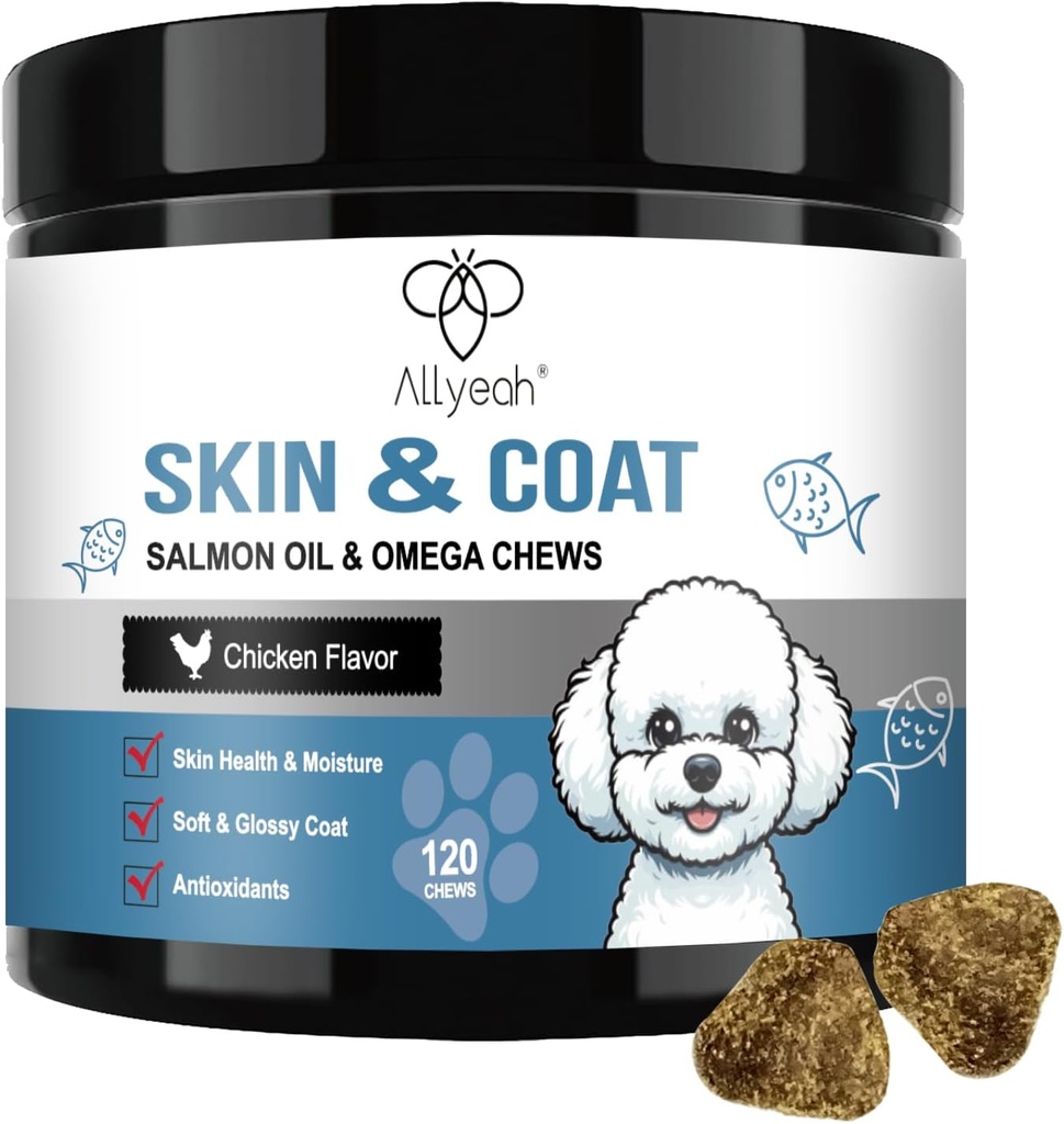 Omega 3 Huile de poisson pour chiens, supplément d'huile de saumon et de manteau pour chiens Altergy Relief, traitement sec et démangeaison de peau, anti-allergie Chews - Dog Anti Shedding Treats - Shiny Coats - EPA & DHA