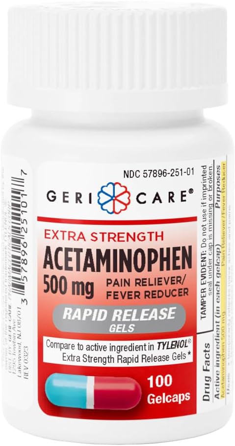 Gericare Acétaminophène extra-fort 500mg Gelcaps de libération rapide, soulagement de la douleur 100 Compte (paquet de 1)