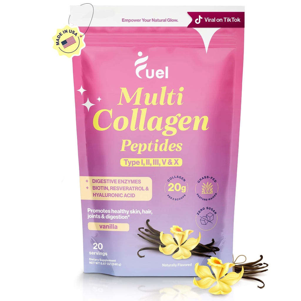 Fuel Multi Collagen Peptides Powder – 20g hydrolysiertes Kollagen I, II, III, V & X für Haar, Haut, Nails & Joint Support – Bessere Absorption – Keto & Glutenfrei, Französisch Vanila 8.67oz