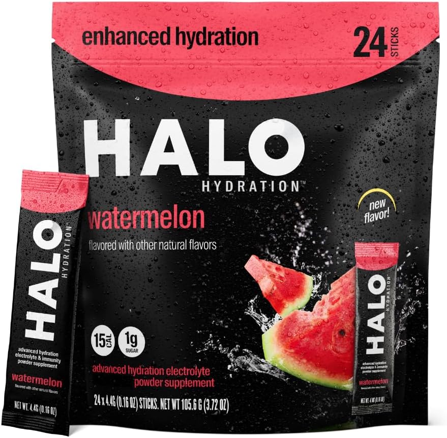 Halo Hydration - Elektrolyt-Getränk-Mix | Hydration Pulver-Packets | Wassermelone Flavor – für Sport und Radfahren | Einfache offene Single Servier-Stick (24 Pack)