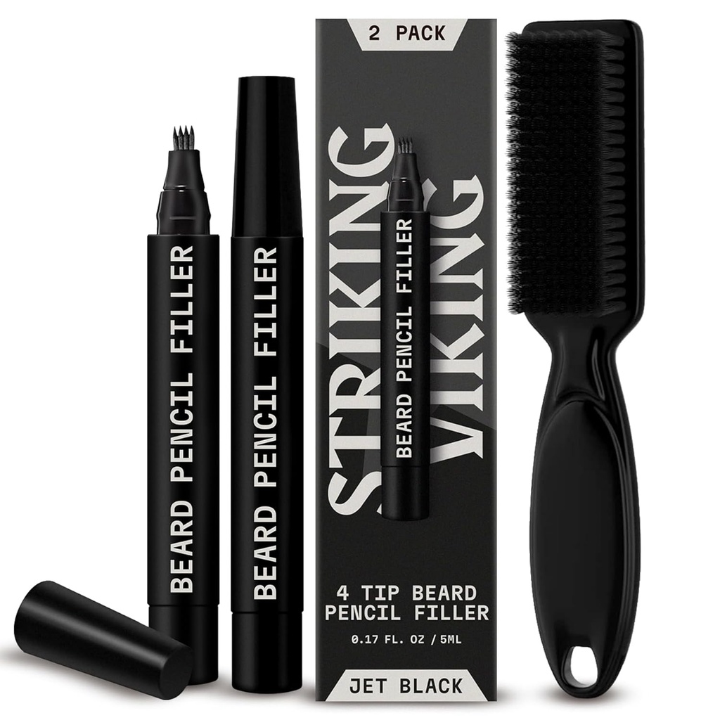 Striking Viking Beard Bleistift Füller für Herren - Paket von 2, Jet Black - Wasserdichter Long-Lasting Bart Stift - 4-Pronged Spitze für Gap Reparatur & Barber Stift - Weiche Bristle Brush & Pen Filler