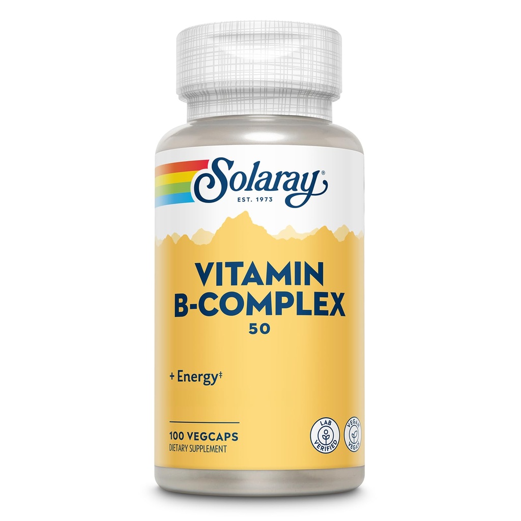 SOLARAY Vitamin B Complex 50 mg - Cellular Energy Vitamins - Stoffwechsel und Nervengesundheit Unterstützung mit Vitamin B12, Vitamin B1, B6, Niacin, Folsäure, Biotin und anderen B Vitaminen - Vegan, 100 VegCaps