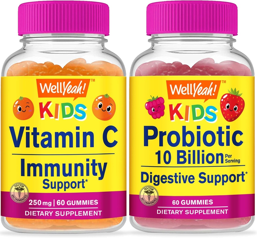 WellJa Vitamin C Kids + Probiotics 10B Kinder, Gummis Bundle - Große Verkostung, Vitamin-Ergänzung, Glutenfrei, GMO frei, Kaugummi