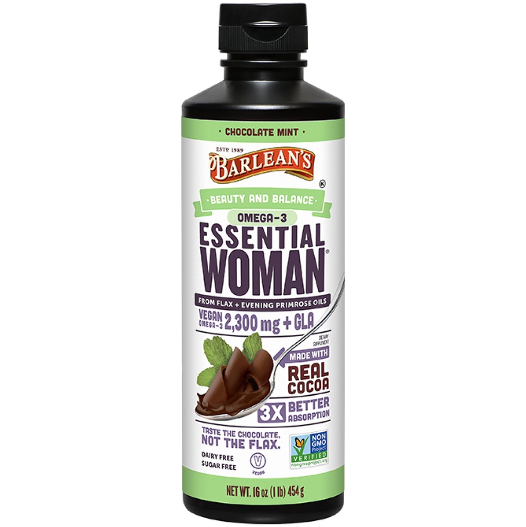 Barlean's Essential Woman Chocolate Ment Liquid Supplement from Linseed, Soiring Primrose Oil & Soy Isoflavones, Omega 3 6 9 et GLA, Hormonal Balance & Healthy Hair and Skin, 16 oz