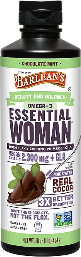 Barleans essentielle Frau Schokolade Mint Liquid Supplement von Flaxseed, Abend Primrose Öl & Soy Isoflavones, Omega 3 6 9 und GLA, Hormonal Balance & Gesundes Haar und Haut, 16 oz