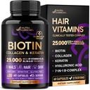 NUTRAHARMONY Biotin | Collagen | Hyaluronsäure | Keratin - Unterstützung Normaler Haarwachstumszyklus - Haut und Nägel - 25000mcg Vitamine B1, B2, B3, B6 & B7 - für Damen und Herren - Made in USA | 60 Kapseln