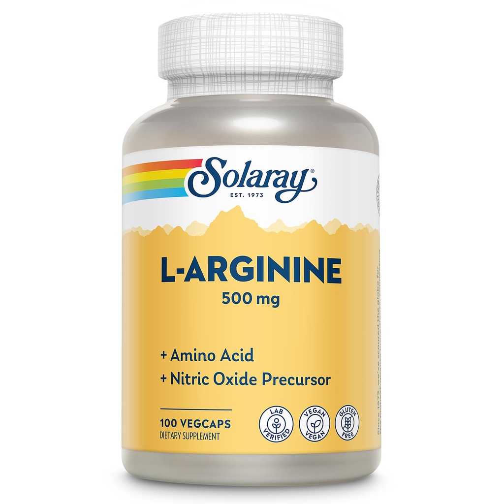 SOLARAY L-Arginin 500 mg, Nitric Oxide Supplement, Endurance, Energie, Herzgesundheit Unterstützung, 100 Servierungen, 100 VegCaps