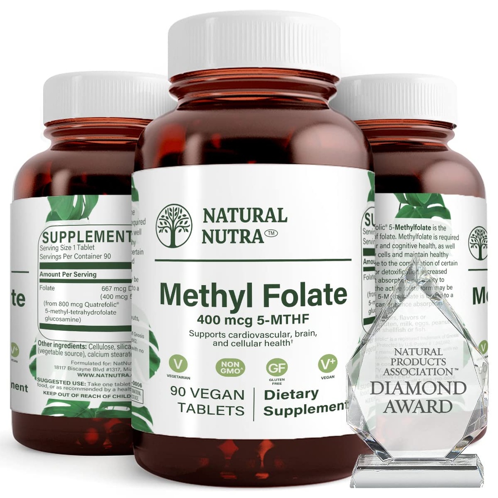 Natural Nutra Active Methyl Folate Supplement mit Quatre Folic, Unterstützung Herz und Körper Gesundheit, hilft Gehirn Gesundheit, Verbesserung positive Vibes, Hilfe reduzieren Knochen-Tired, B9, 90 Vegan Tabletten (Pack von 2)