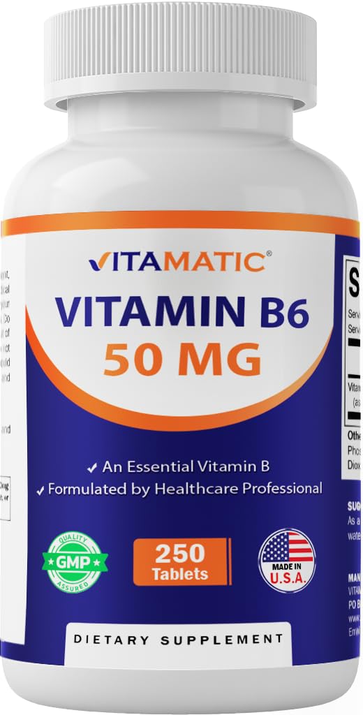 Vitamatic Vitamin B6 (Pyridoxine HCI), 50 mg 250 Vegetarische Tabletten - Fördert Energieproduktion, fördert Stoffwechsel und Immungesundheitsunterstützung