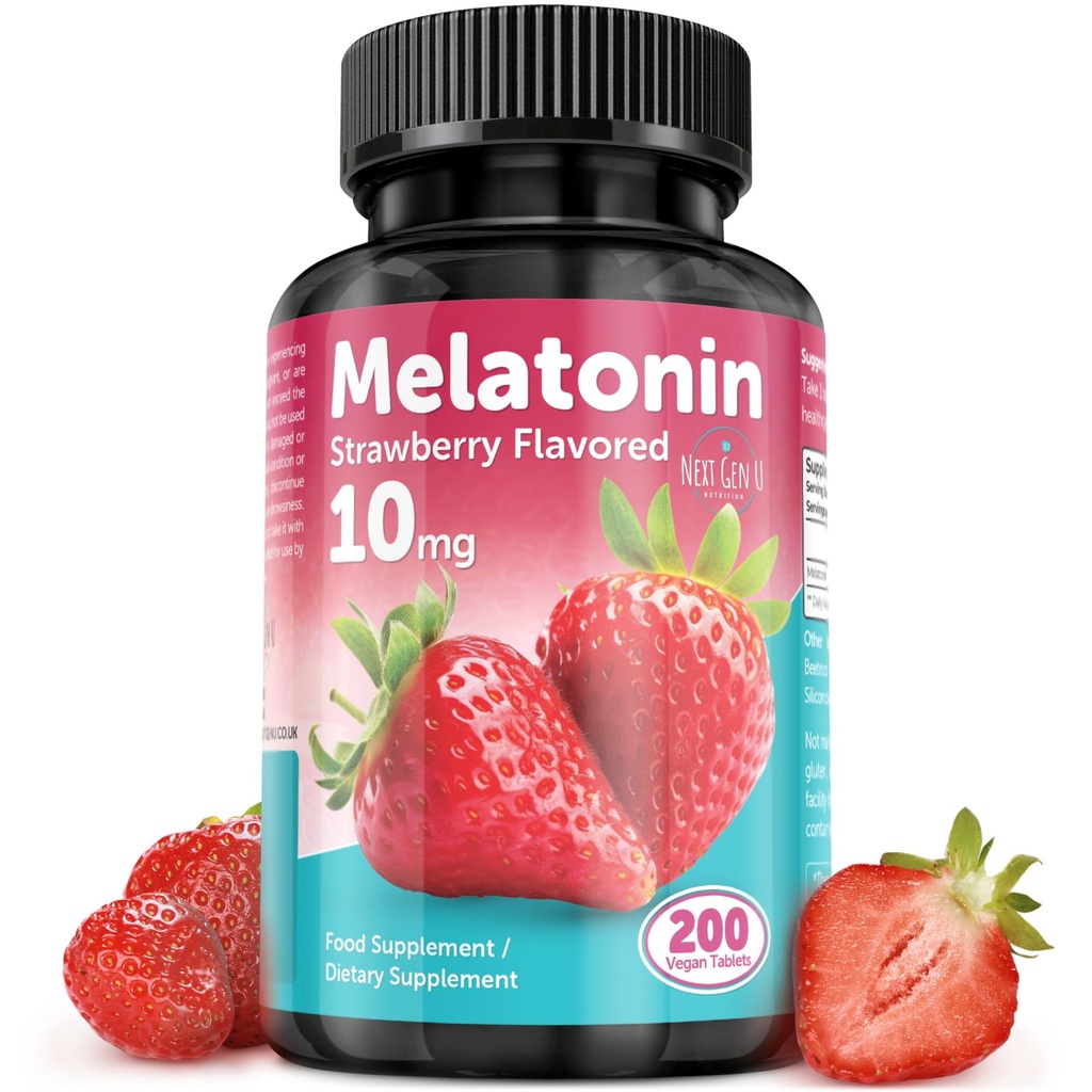 Comprimés de mélatonine - Supplément alimentaire de 10 mg - Aromatisés aux fraises - 200 comprimés végétaliens - par NextGenU