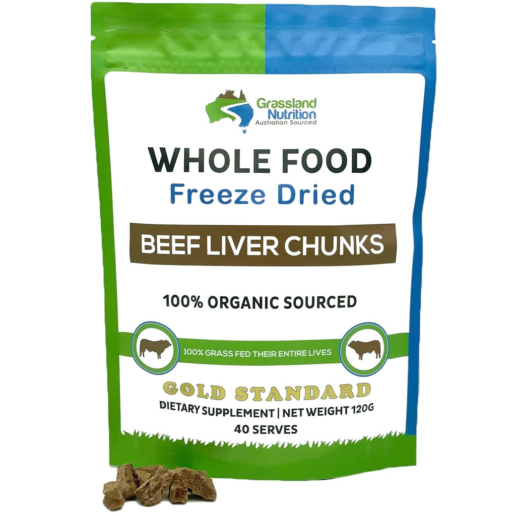GRASSLAND NUTRITION Organic Liver Freeze Getrocknete Chunks — High in Natural Iron, Vitamin A, B12 für Energie (120g)