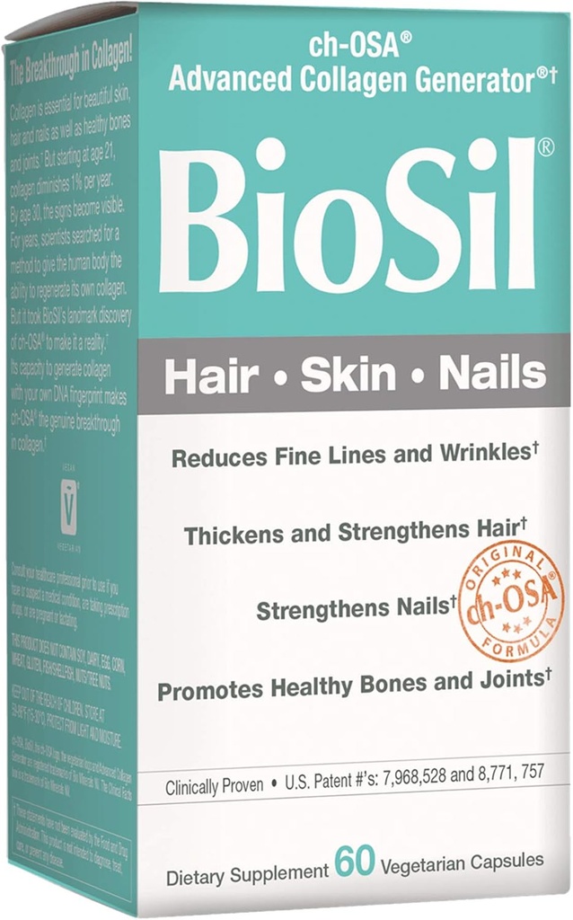 BioSil von natürlichen Faktoren, Haar, Haut, Nägel, unterstützt gesundes Wachstum und Stärke, Vegan Collagen, Elastin und Keratin Generator, 60 Kapseln